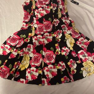 New Directions Rose Print Mini Dress - Black, Red, Yellow